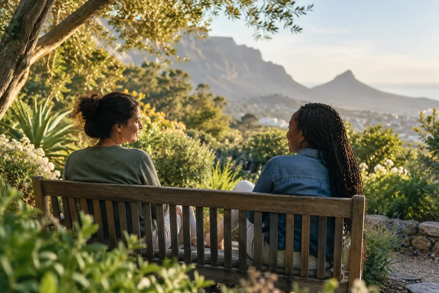 Two people talking on a garden bench